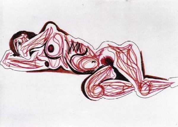 liegende Frau mit rotem Stift gemalt